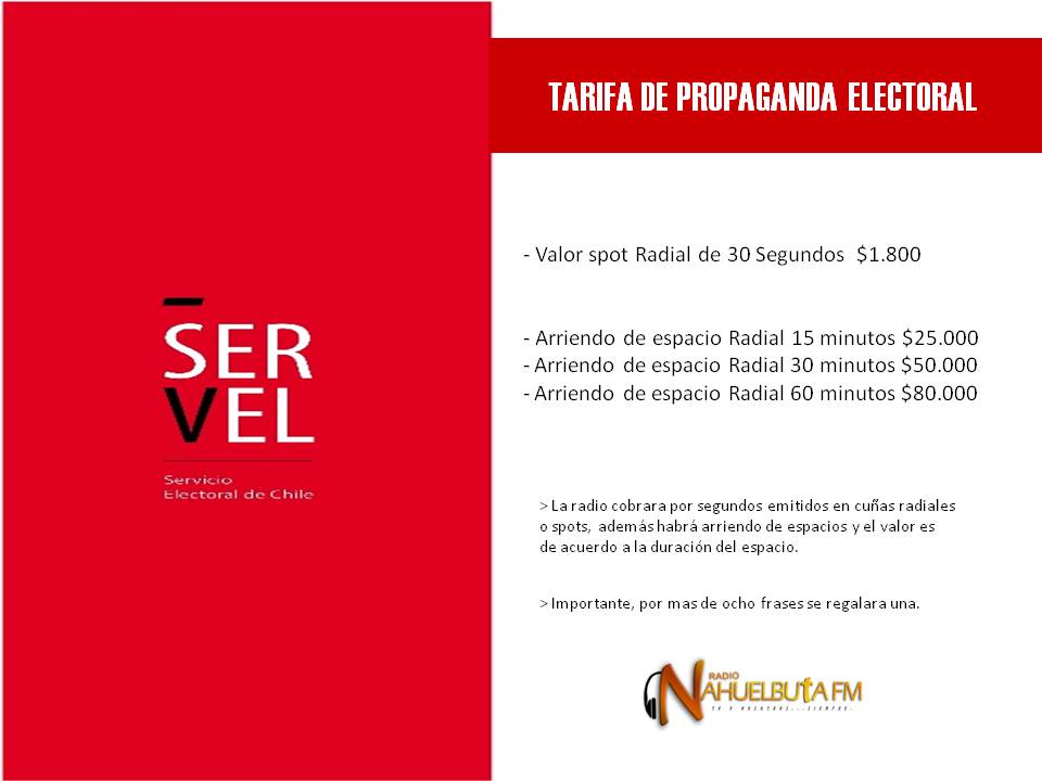 Tarifa Oficial Propaganda Electoral "Primarias 2017" Radio Nahuelbuta FM.