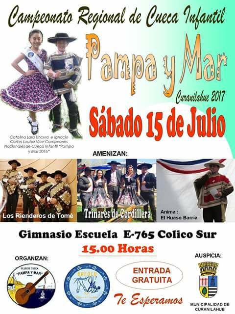 Campeonato de cueca infantil "Pampa y Mar" Curanilahue 2017, sábado 15 de julio, 15 horas, Gimnasio escuela Cólico Sur.